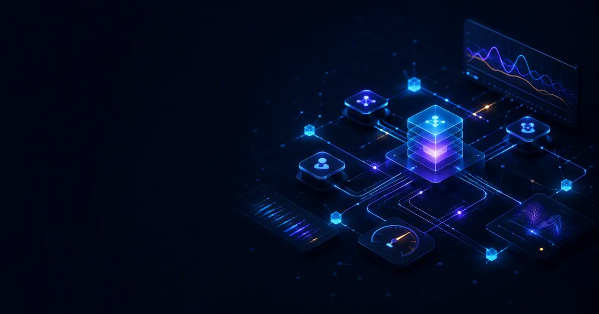 Connected AI system nodes, evaluation signals, and observability dashboards on a dark technical network